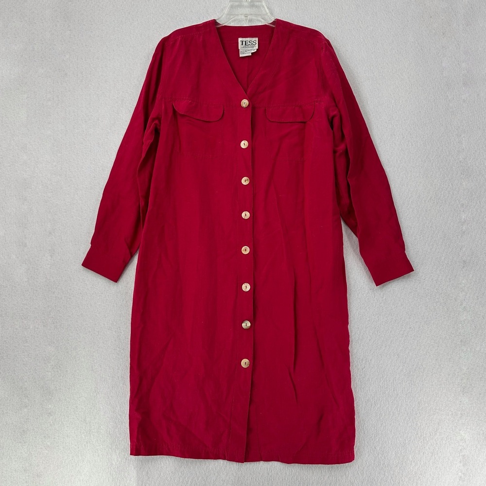 Vintage Tess Silk Linen Midi Sheath Dress Vintage 14 Red/Pink Abelone Button Up